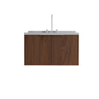 36" Brown Wood Floating Double Door Bathroom Vanity With White Sink