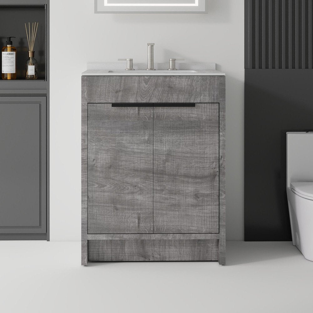 24" Gray Wood Freestanding Double Door Bathroom Vanity With White Sink