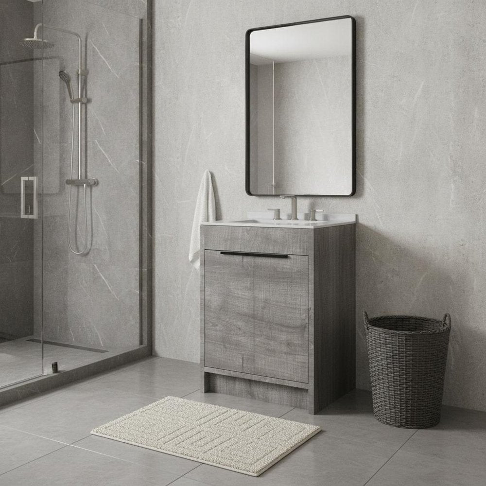 24" Gray Wood Freestanding Double Door Bathroom Vanity With White Sink