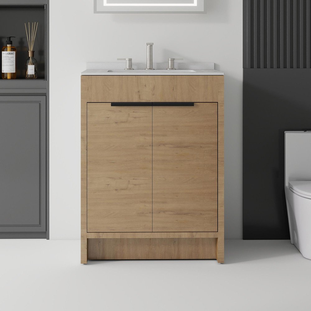 24" Brown Wood Freestanding Double Door Bathroom Vanity With White Sink