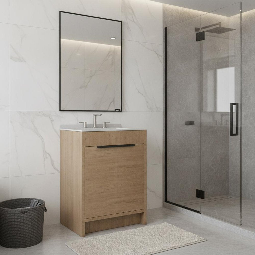 24" Brown Wood Freestanding Double Door Bathroom Vanity With White Sink