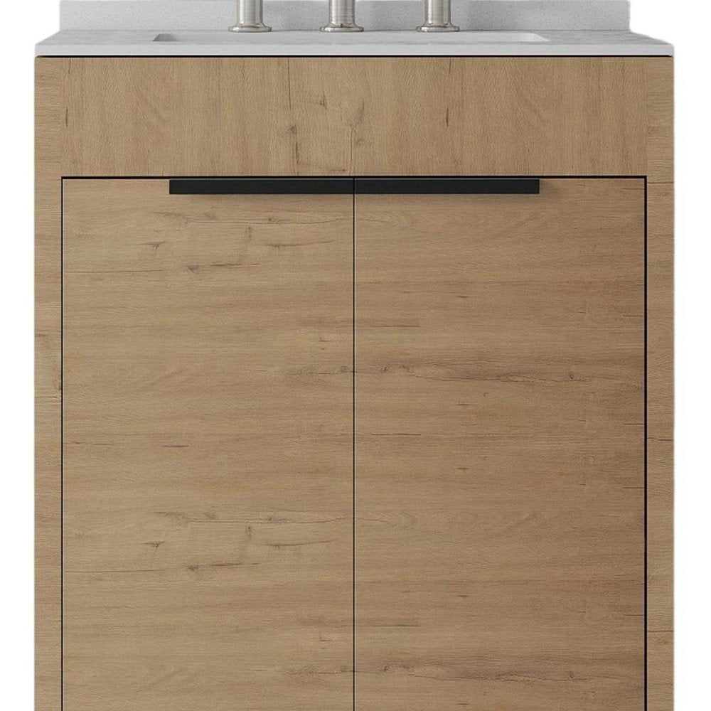 24" Brown Wood Freestanding Double Door Bathroom Vanity With White Sink
