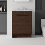 24" Brown Wood Freestanding Double Door Bathroom Vanity With White Sink