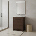 24" Brown Wood Freestanding Double Door Bathroom Vanity With White Sink