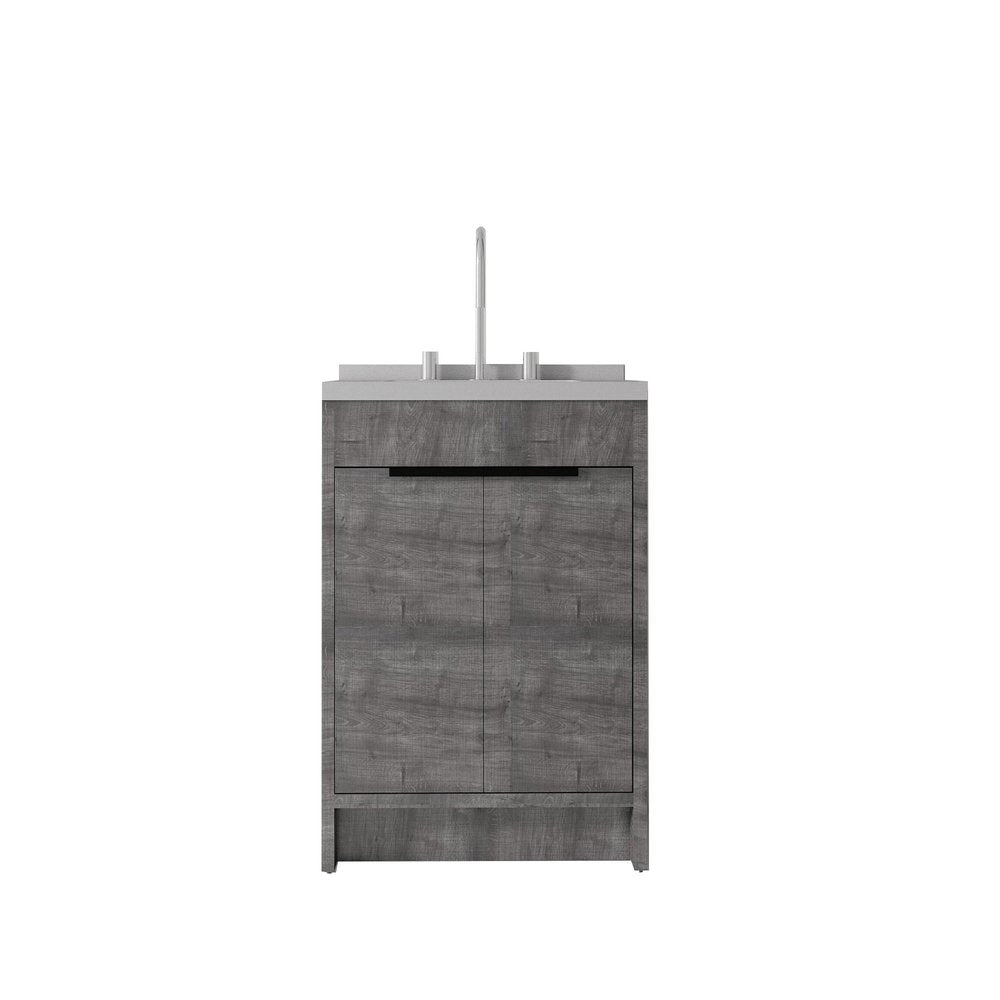 24" Gray Wood Freestanding Double Door Bathroom Vanity With White Sink