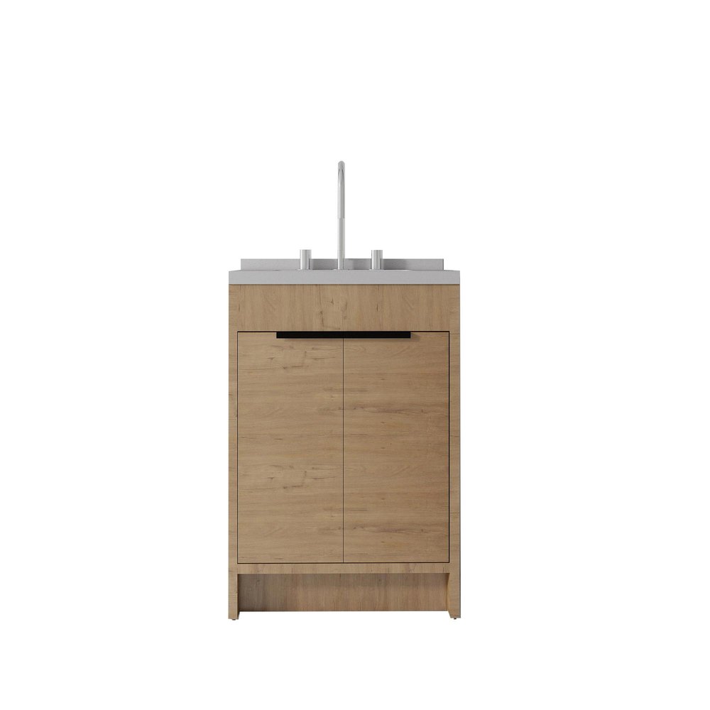 24" Brown Wood Freestanding Double Door Bathroom Vanity With White Sink