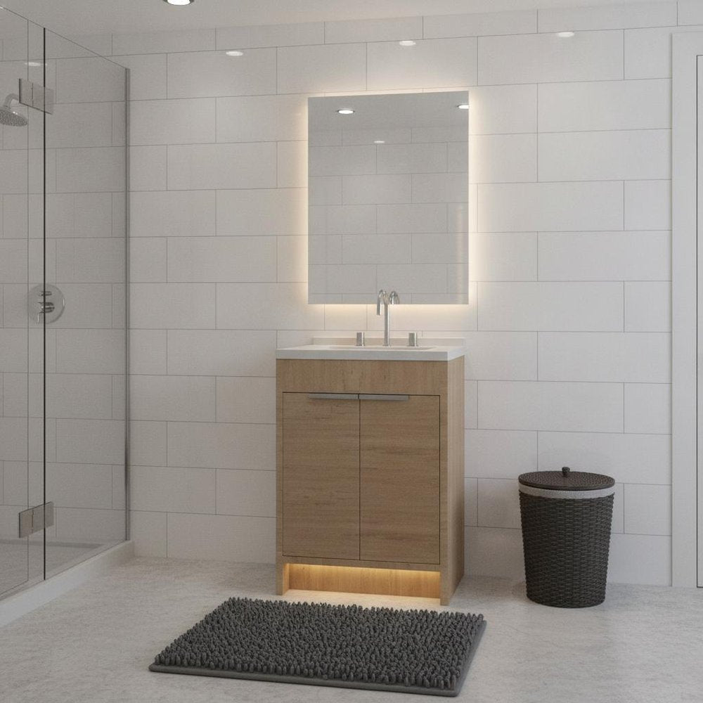 24" Brown Wood Freestanding Double Door Bathroom Vanity With White Sink