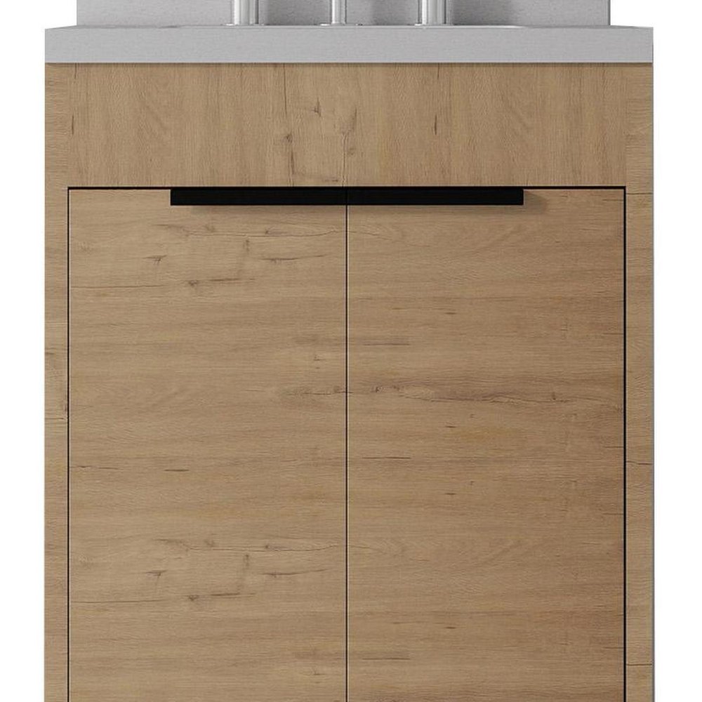 24" Brown Wood Freestanding Double Door Bathroom Vanity With White Sink