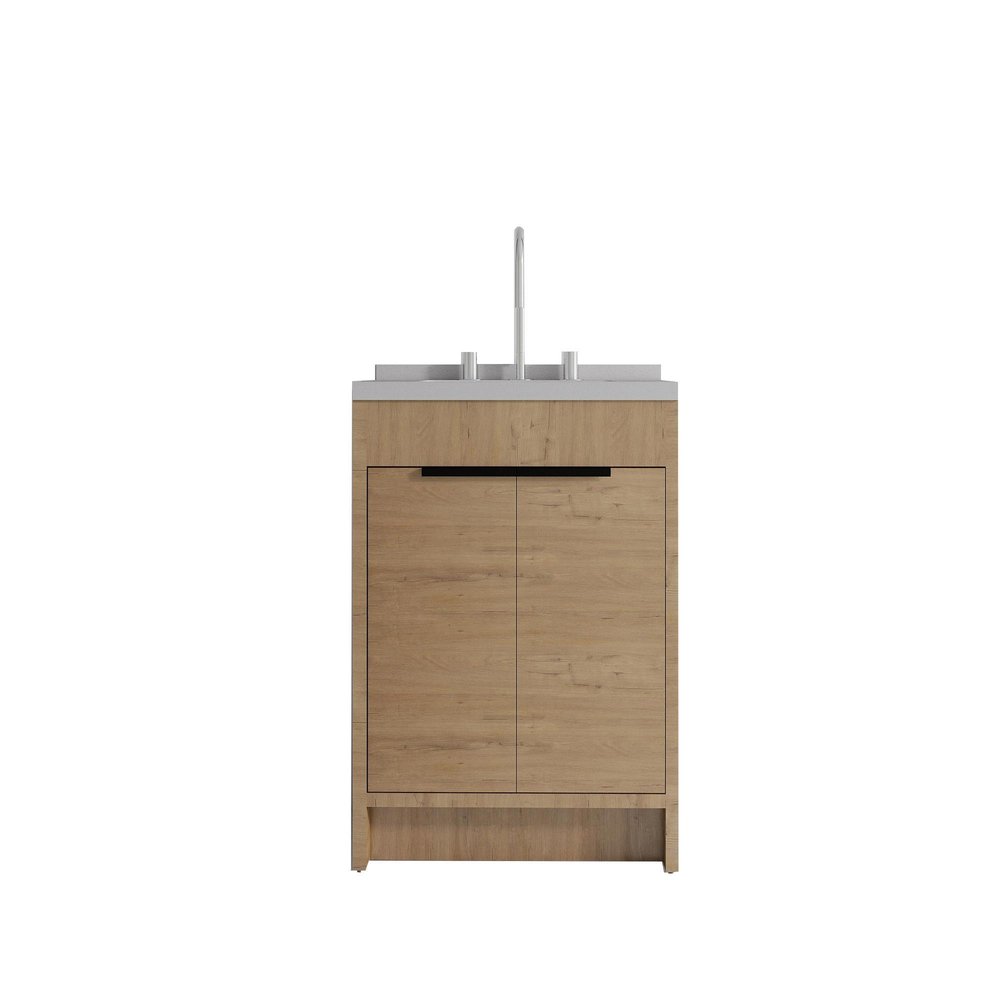 24" Brown Wood Freestanding Double Door Bathroom Vanity With White Sink