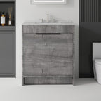 30" Gray Wood Freestanding Double Door Bathroom Vanity With White Sink