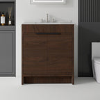 30" Brown Wood Freestanding Double Door Bathroom Vanity With White Sink