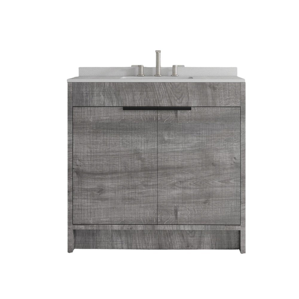 36" Gray Wood Freestanding Double Door Bathroom Vanity With White Sink