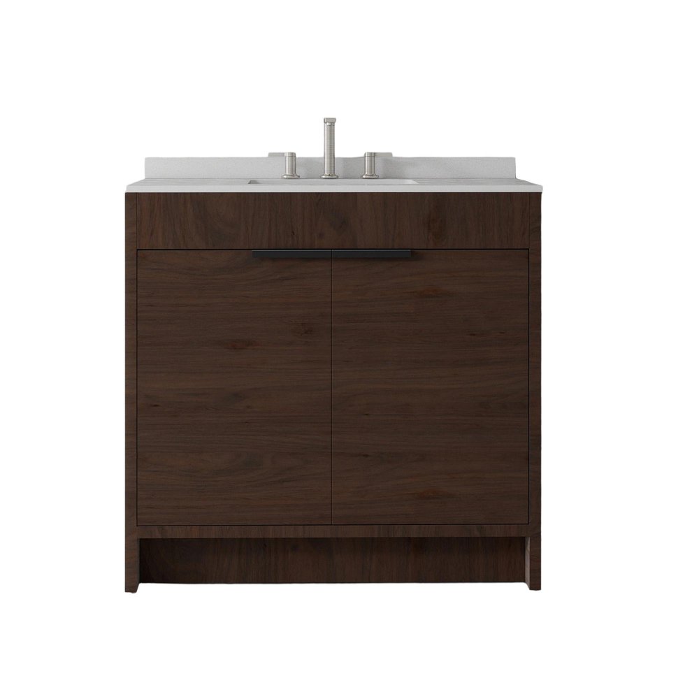 36" Brown Wood Freestanding Double Door Bathroom Vanity With White Sink