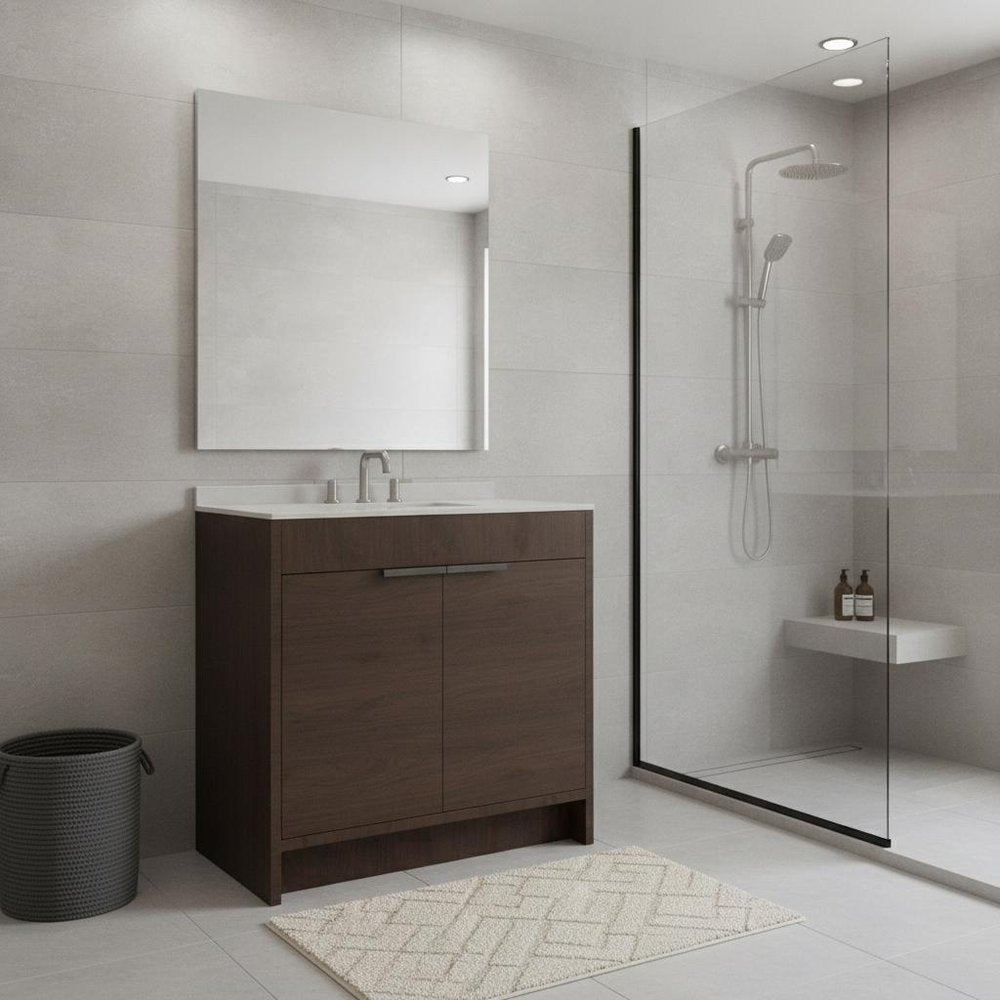 36" Brown Wood Freestanding Double Door Bathroom Vanity With White Sink