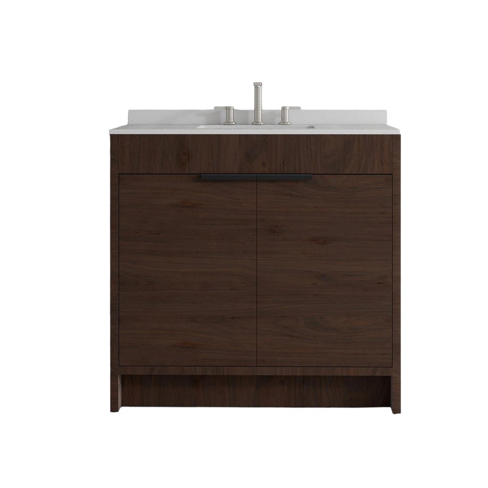 36" Brown Wood Freestanding Double Door Bathroom Vanity With White Sink