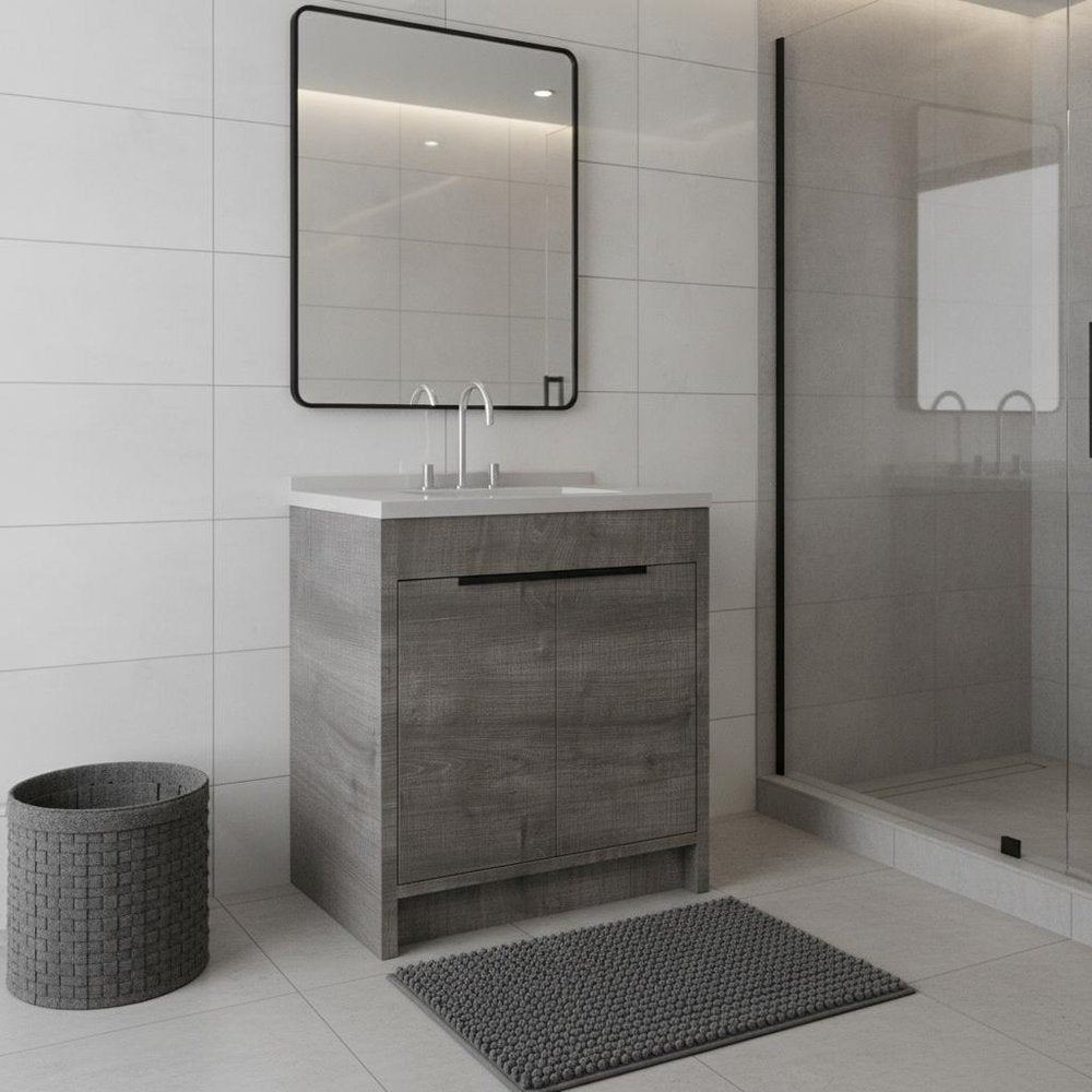 36" Gray Wood Freestanding Double Door Bathroom Vanity With White Sink