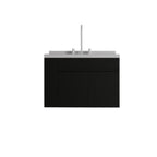 30" Black Wood Floating Double Door Bathroom Vanity With White Sink