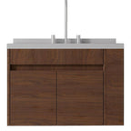 30" Brown Wood Floating Double Door Bathroom Vanity With White Sink
