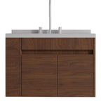 30" Brown Wood Floating Double Door Bathroom Vanity With White Sink