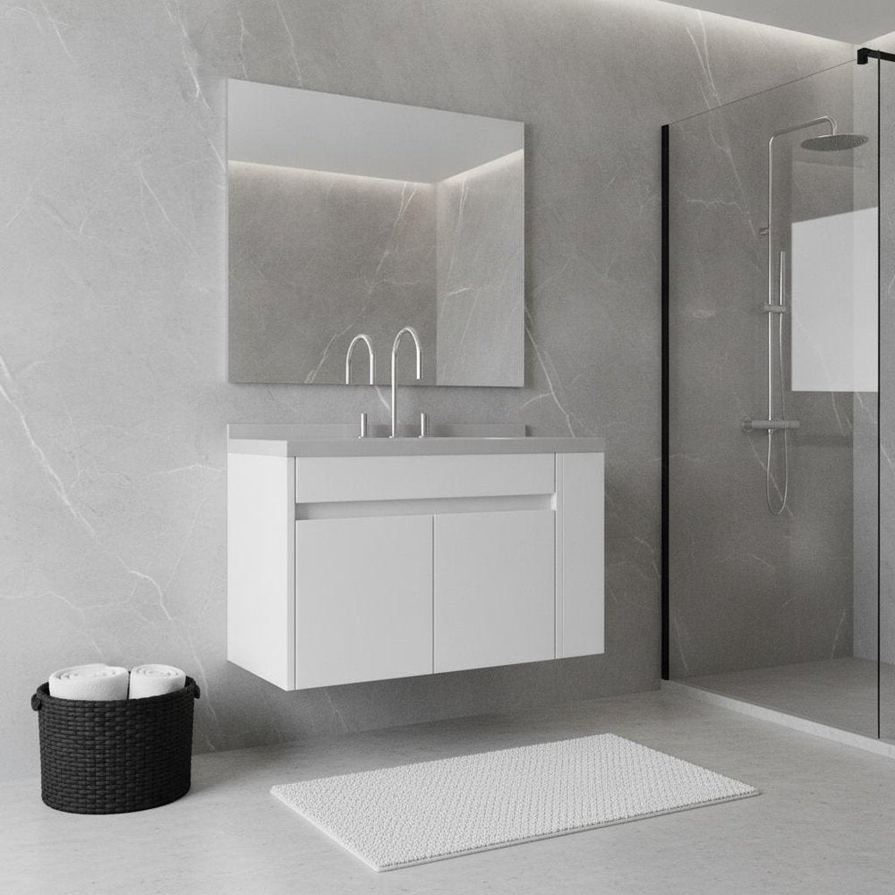 36" White Wood Floating Double Door Bathroom Vanity With Sink