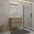 24" Brown Wood Floating Bathroom Vanity With White Sink And Two Drawers