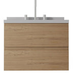 24" Brown Wood Floating Bathroom Vanity With White Sink And Two Drawers