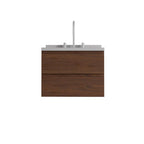 24" Brown Wood Floating Bathroom Vanity With White Sink And Two Drawers