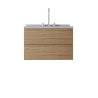 30" Brown Wood Floating Bathroom Vanity With White Sink And Two Drawers