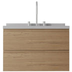 30" Brown Wood Floating Bathroom Vanity With White Sink And Two Drawers