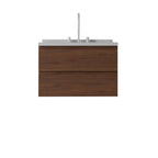 30" Brown Wood Floating Bathroom Vanity With White Sink And Two Drawers