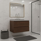 30" Brown Wood Floating Bathroom Vanity With White Sink And Two Drawers