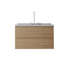 36" Brown Wood Floating Bathroom Vanity With White Sink And Two Drawers