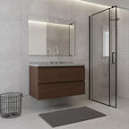 36" Brown Wood Floating Bathroom Vanity With White Sink And Two Drawers