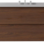 36" Brown Wood Floating Bathroom Vanity With White Sink And Two Drawers
