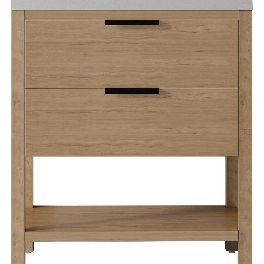 36" Brown Wood Freestanding Bathroom Vanity With White Sink And Two Drawers