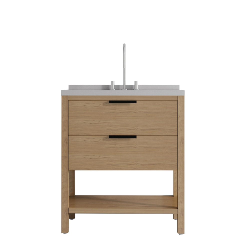 36" Brown Wood Freestanding Bathroom Vanity With White Sink And Two Drawers