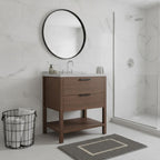 36" Brown Wood Freestanding Bathroom Vanity With White Sink And Two Drawers