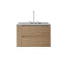 30" Brown Wood Floating Bathroom Vanity With White Sink And Two Drawers