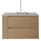 30" Brown Wood Floating Bathroom Vanity With White Sink And Two Drawers