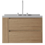 30" Brown Wood Floating Bathroom Vanity With White Sink And Two Drawers