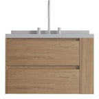 30" Brown Wood Floating Bathroom Vanity With White Sink And Two Drawers