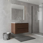 30" Brown Wood Floating Bathroom Vanity With White Sink And Two Drawers