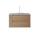 36" Brown Wood Floating Bathroom Vanity With White Sink And Two Drawers