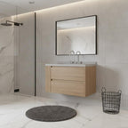 36" Brown Wood Floating Bathroom Vanity With White Sink And Two Drawers
