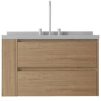 36" Brown Wood Floating Bathroom Vanity With White Sink And Two Drawers