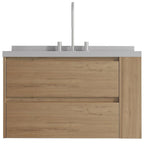 36" Brown Wood Floating Bathroom Vanity With White Sink And Two Drawers
