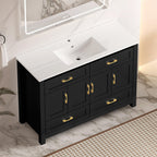 48" Black Wood Freestanding Four Door Bathroom Vanity With White Sink And Four Drawers