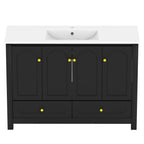 48" Black Wood Freestanding Four Door Bathroom Vanity With White Sink And Two Drawers