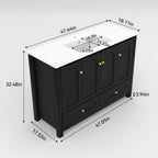 48" Black Wood Freestanding Four Door Bathroom Vanity With White Sink And Two Drawers