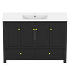 48" Black Wood Freestanding Four Door Bathroom Vanity With White Sink And Two Drawers